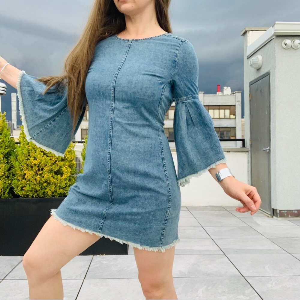 Free People Denim Fringed Raw Hem Flare Backless Dress - Picture 15 of 16